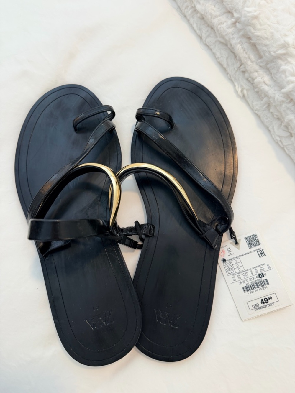 Zara Black Flip Slide Sandals with Gold Accent